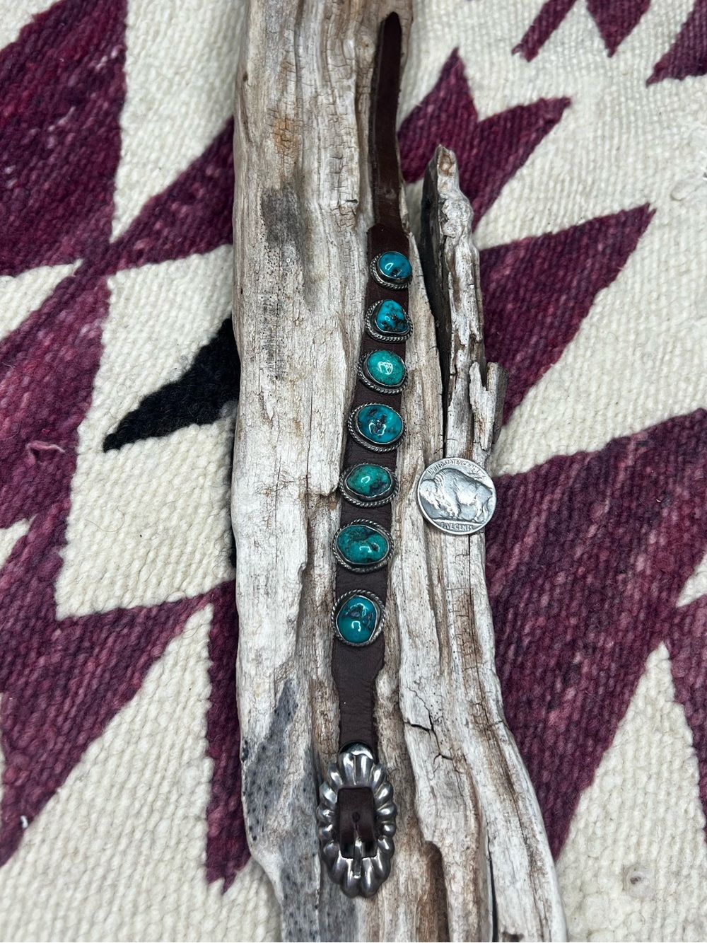 Sterling Silver Genuine Turquoise 7 Stone Leather Bracelet Signed A
